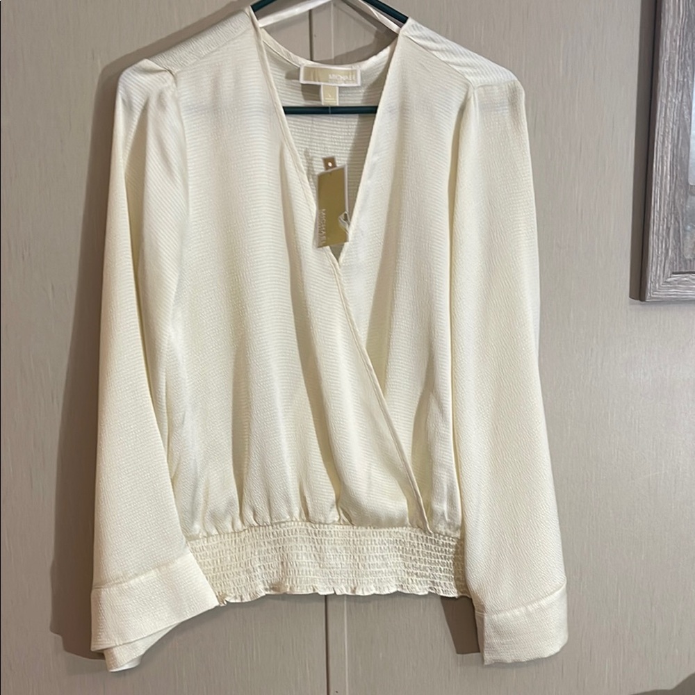 Michael kors off white cream NWT long sleeve textured blouse large